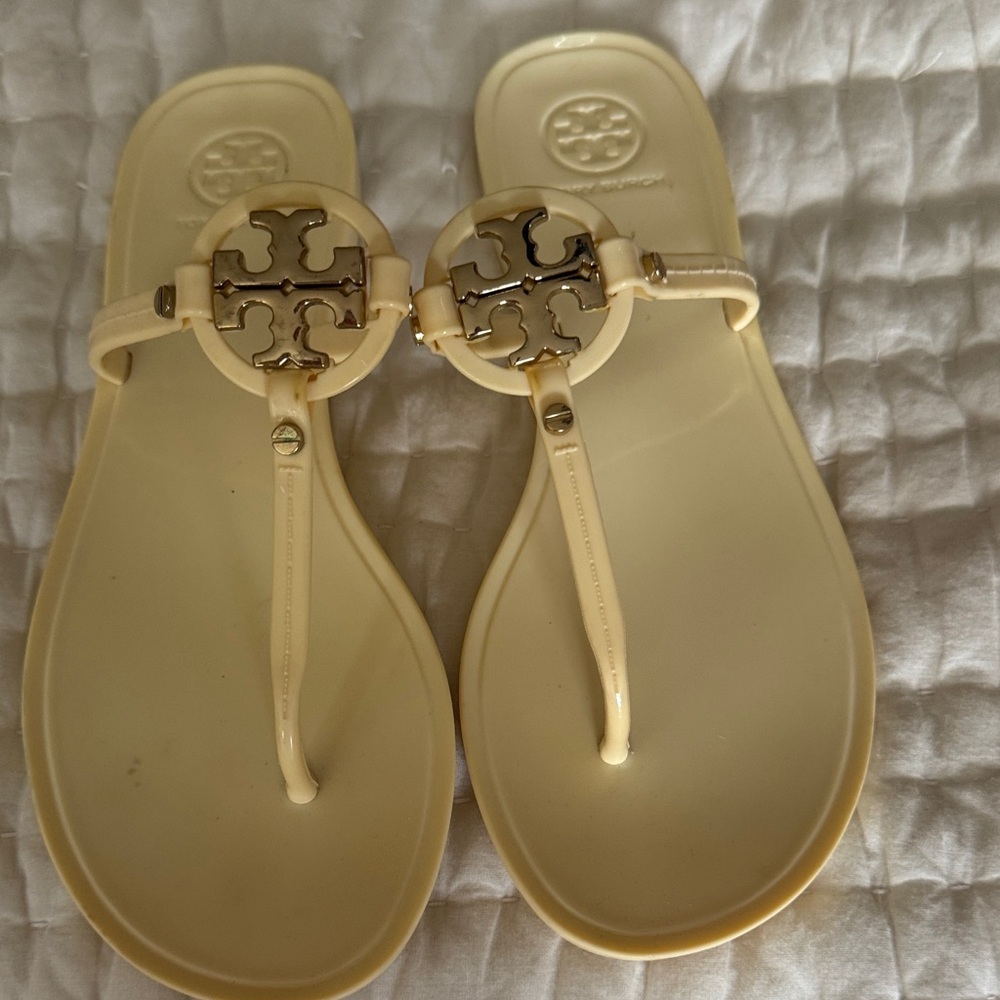Tory Burch Cream Logo Jelly Thong Sandals